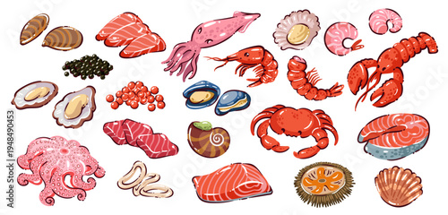 Luxury seafood food set with shrimp, lobster, crab, octopus, squid, mussels, oysters, scallops, salmon, caviar and shellfish, premium gourmet ingredients, cartoon vector illustration
