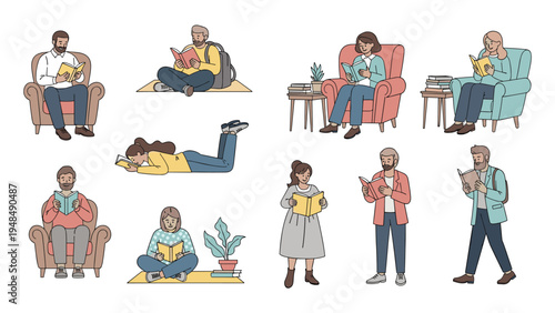 Collection of people enjoying reading books in various comfortable positions including sitting on chairs the floor and walking.