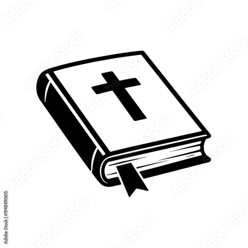 A striking black and white vector illustration depicting a traditional Christian Bible, elegantly presented with a bold cross symbol on its cover and a distinguished bookmark. This iconic holy book ar