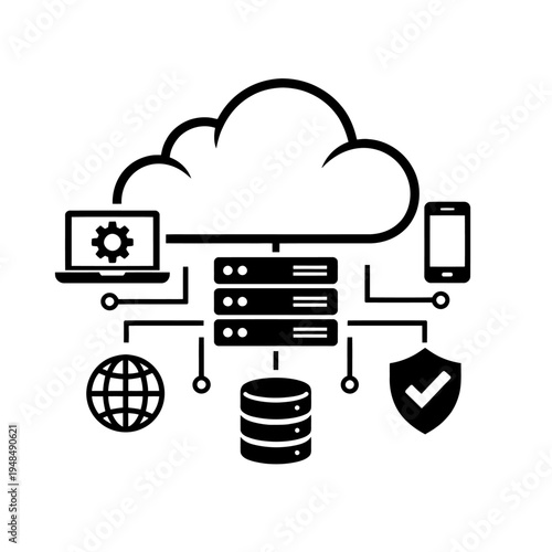 Comprehensive Cloud Computing Infrastructure Diagram Featuring Interconnected Servers, Databases, Laptops, Mobile Devices, Global Network Access, and Robust Data Security Solutions for Modern Digital