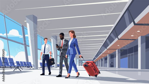 Vector illustration of business people walking through a modern airport terminal with luggage
