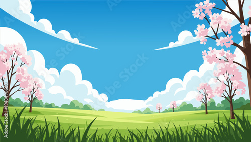 Spring meadow with blooming cherry blossom trees, a beautiful vector illustration of nature's awakening and vibrant colors