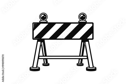 B&W vector icon: temporary road barrier, diagonal stripes, two warning lights. Essential traffic control for work zones, road closures, restricted access, detours. Ensures public safety during roadwor