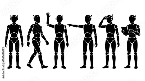 Humanoid Robot Silhouette Set in 6 Different Poses Isolated on White Background Vector Illustration