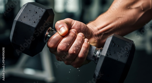 Sweaty hands gripping a dumbbell during intense workout