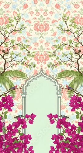 Vibrant floral archway mughal design with bougainvillea, birds, and intricate botanical patterns for muslim nikkah