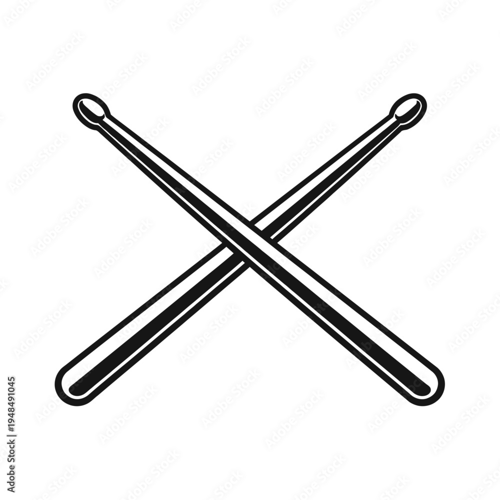 Obraz premium Clean black and white vector icon of two crossed drumsticks, symbolizing rhythm, music, and percussion. Ideal for drummers, bands, music schools, logos, merchandise, digital art. Captures essence of b
