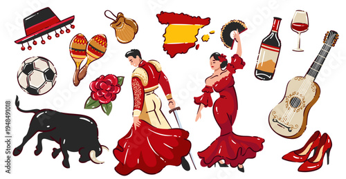 Spain culture icon set with flamenco dancers, bull, guitar, fan, wine, football, castanets and traditional accessories. Spanish symbols, expressive cartoon style, detailed elements vector illustration