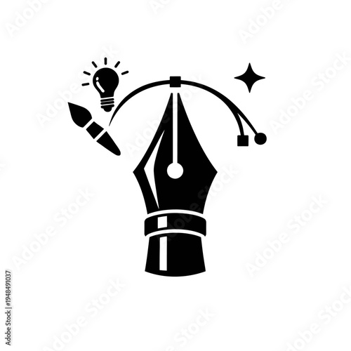 Creative design vector icon combining art and innovation. Features a classic pen nib, inspiring lightbulb, versatile paintbrush, and precise Bezier curve. Represents digital graphics, artistic express
