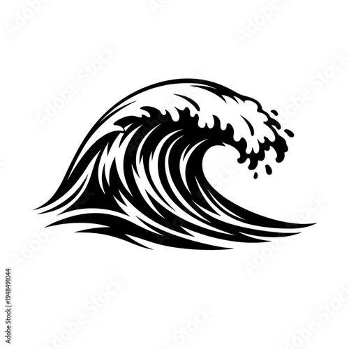 Dynamic monochrome ocean wave vector illustration, a powerful sea surf design ideal for marine themes, water sports branding, beach apparel, and oceanic decor. Artistic black and white cresting wave g