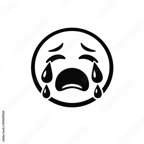 Black and white illustration of a deeply distressed emoji face with streaming tears, wide open mouth, and furrowed brows, conveying intense sadness, grief, or overwhelming disappointment, perfect for
