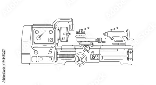 Detailed Line Drawing of Lathe Machine.