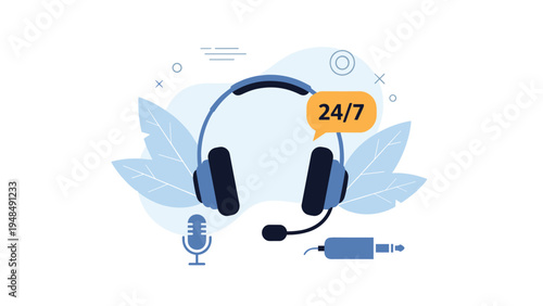 Professional customer support concept featuring a headset microphone and jack plug against a light blue background with leaves.