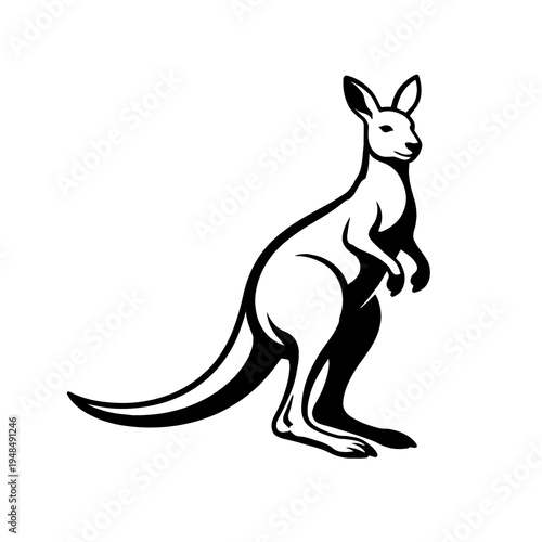 Elegant black and white kangaroo vector art, a stylized graphic representation of an Australian marsupial standing proudly, embodying strength and wildlife. Perfect for branding, logos, icons, and nat
