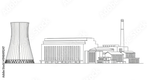 Nuclear Power Plant Illustration With Cooling Tower.