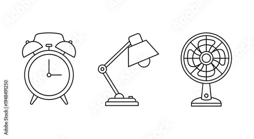 Alarm Clock Desk Lamp Fan Icons.
