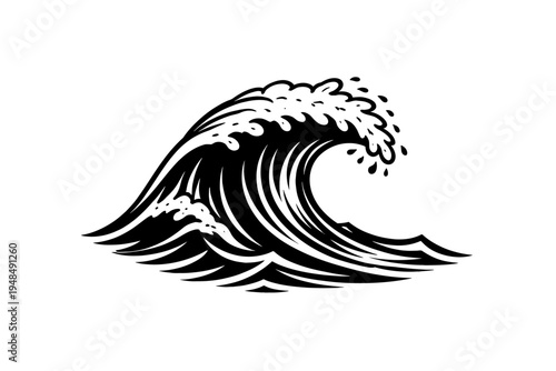 Black and white stylized ocean wave illustration, capturing the powerful crest and dynamic spray of a breaking sea, ideal for marine-themed designs, surf art, and nautical decor applications.