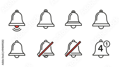 Variety of notification bell icons showing different states such as active silent muted and with unread message numbers.