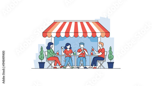 Group of friends enjoying drinks and conversation at an outdoor cafe under a red and white striped awning in the city.