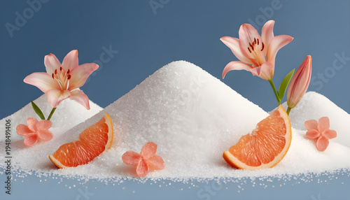 Granulated white sugar mound with peach lily flowers and grapefruit candy slices across a snowy mountain peak landscape for food creative conceptual background