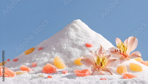 Granulated white sugar mound with peach lily flowers and grapefruit candy slices across a snowy mountain peak landscape for food creative conceptual background