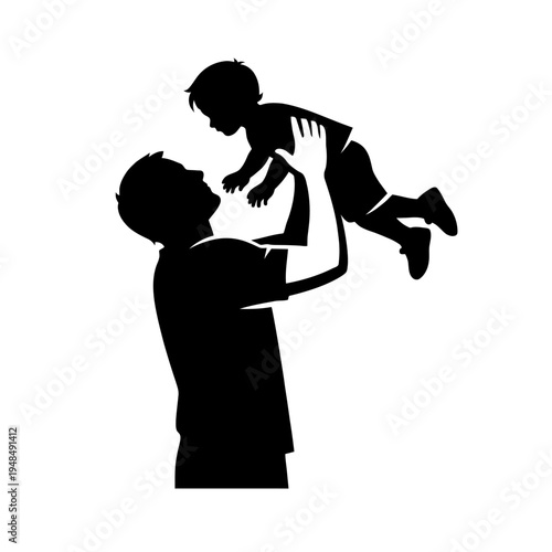 Silhouette illustration of a loving father lifting his happy child high into the air against a pure white background, symbolizing pure joy, strong family bonds, and the playful, cherished moments of f