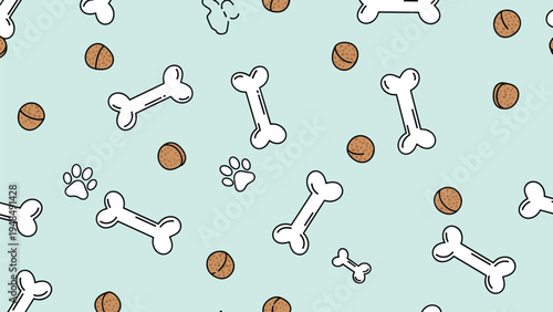 Seamless pattern design for pets featuring illustrations of bones paw prints and round treats on a soft light green background.