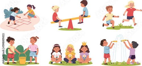 children outdoor activities, kids playing games, teamwork fun, hopscotch drawing, seesaw balance, water play, running race, pretend play, summer fun, vector art