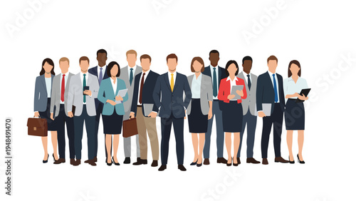 Diverse group of professional business men and women dressed in formal suits standing together in a confident pose.