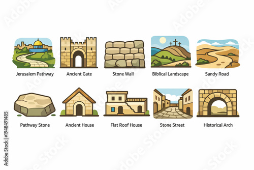 Set of 10 Flat Design Ancient Jerusalem Landscape and Architecture Icons