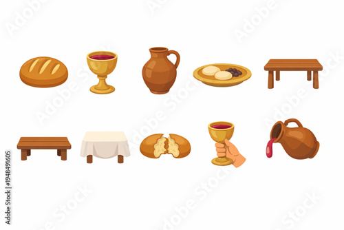 Christian Communion and Last Supper Icon Set with Bread, Wine Cup, Clay Jug, Table and Eucharist Symbols