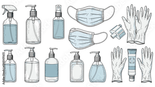 Collection of hygiene and safety equipment including hand sanitizer spray face masks medical gloves and skin cream.
