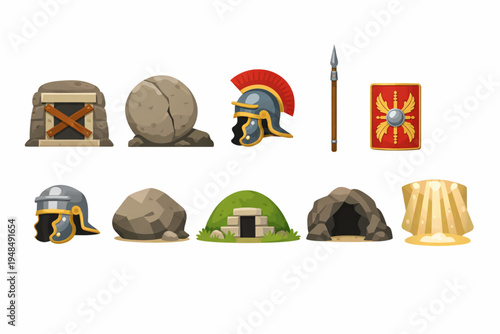 Resurrection Tomb and Roman Soldier Icon Set with Sealed Stone, Spear, Shield and Divine Light