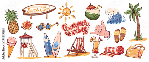 Summer beach club icon set with surfboards, palm tree, lifeguard tower, cocktail, ice cream and wave. Beach club summer travel set for branding, packaging and print. Bold doodle vector illustration.