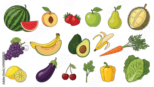 Wide variety of fresh organic fruits and vegetables including watermelon grapes bananas avocado carrot and eggplant.