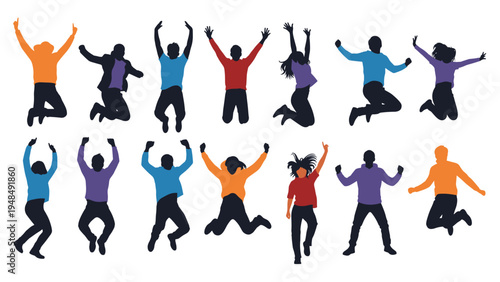 Multi colored silhouettes of people jumping and dancing in various celebratory poses representing joy and success.