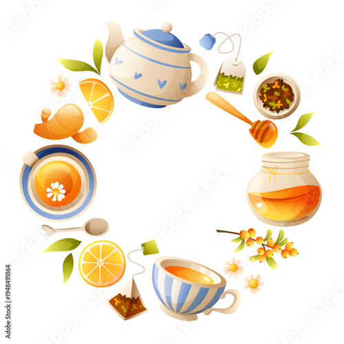 Herbal tea set with teapot honey lemon ginger and chamomile vector illustration