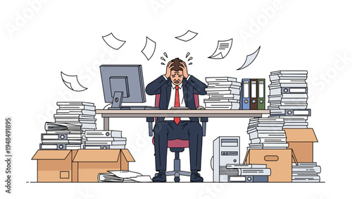 Stressed businessman sitting at a messy desk completely overwhelmed by massive stacks of paperwork folders and boxes.