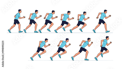 Sequential motion study of a male runner showing the various stages of a running stride in a clean flat illustration.