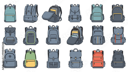 Extensive set of various backpack designs in multiple colors and styles shown in both closed and open configurations.