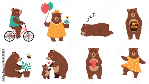 Adorable brown bear character participating in various fun activities like cycling dancing sleeping and eating honey.