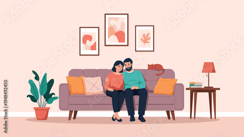 Comfortable living room interior with a young couple sitting together on a purple sofa with a sleeping cat and plants.