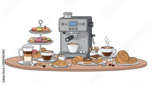 Table setting featuring a professional espresso machine various types of coffee cups and a selection of sweet pastries.