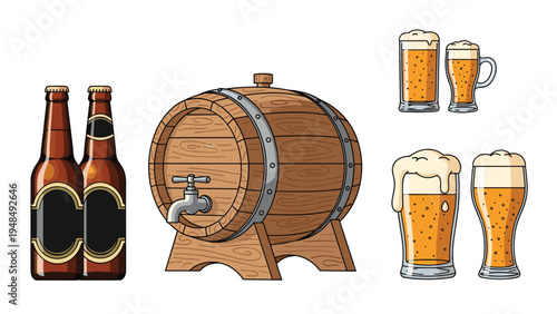 Selection of beer related items including brown glass bottles a wooden keg with a tap and glasses of frothy lager.