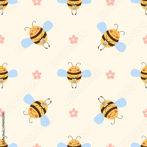 Seamless pattern with cute bees holding honey buckets. Kids design for nursery wallpaper, textile, summer apparel and gift wrap 
