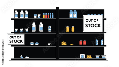 Illustration of half-empty supermarket shelves with out of stock signs representing food shortages or supply chain issues.