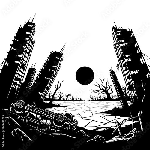 Apocalyptic Cityscape with Overturned Car and Black Sun
