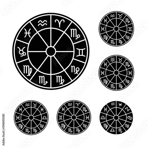 Astrology Zodiac Wheel Symbols Set, Horoscope Signs Circle Icons