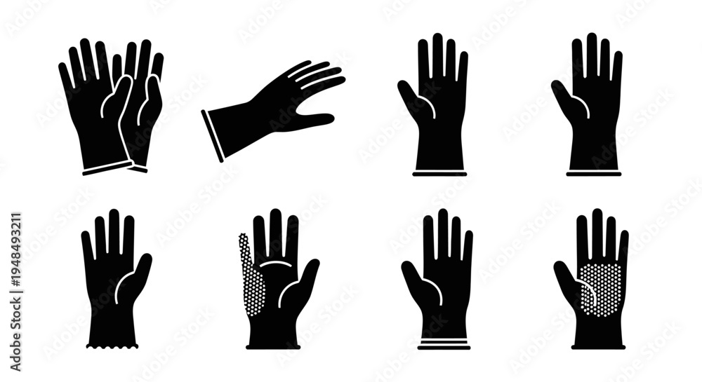 Fototapeta premium Black Protective Gloves Icons Set - Safety, Hygiene, and Workwear Collection