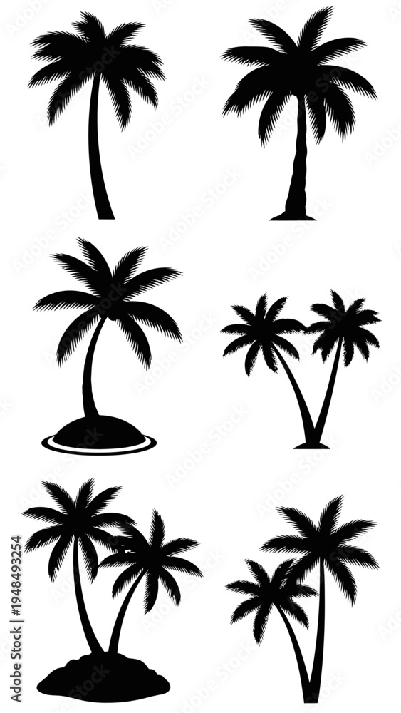 Obraz premium Black Silhouette Palm Trees Collection Vector Set